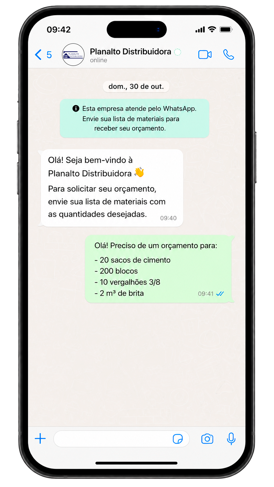 Exemplo de orçamento solicitado pelo WhatsApp
